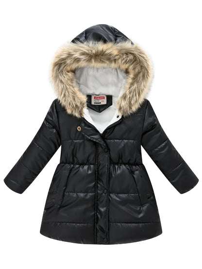 Girls’ Mid-Length Puffer Coat with Faux-Fur Hood (Winter Jacket)