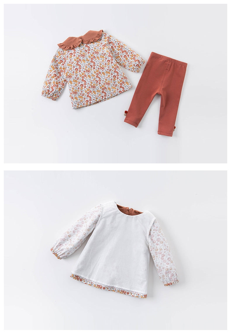 Girls' Autumn Floral Blouse & Rust Leggings Set with Embroidered Peter Pan Collar