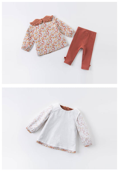 Girls' Autumn Floral Blouse & Rust Leggings Set with Embroidered Peter Pan Collar