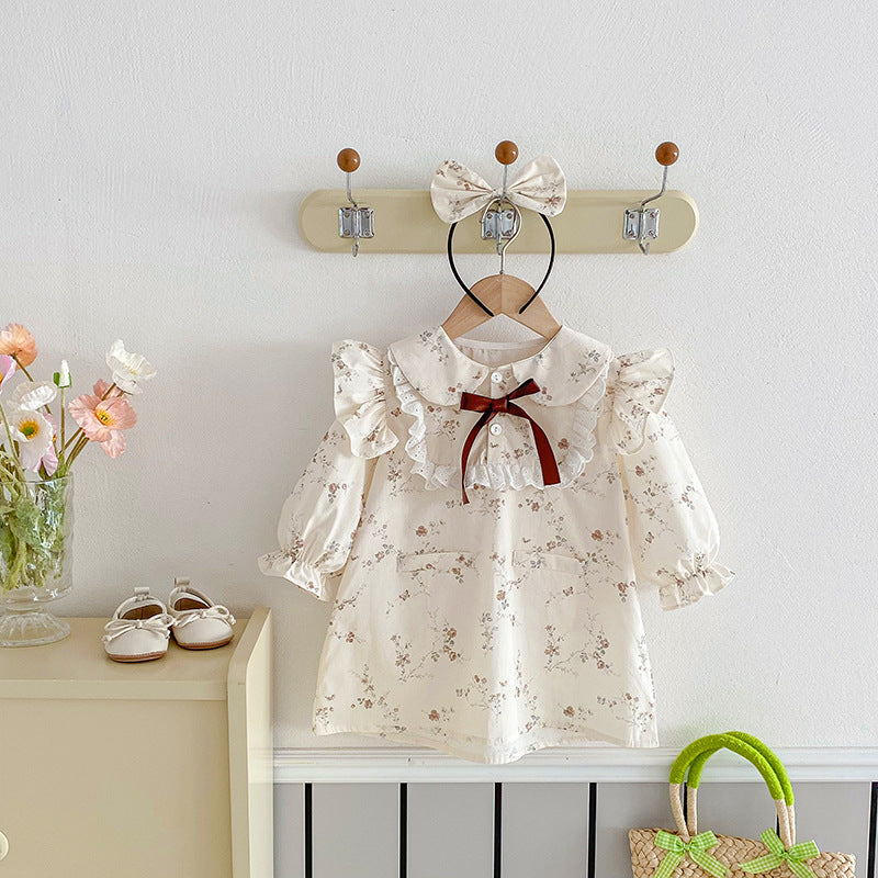 Vintage Floral Lace-Collar Romper or Dress Set with Headband – Baby & Toddler Girl