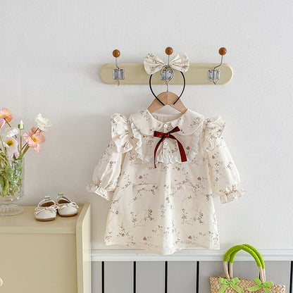 Vintage Floral Lace-Collar Romper or Dress Set with Headband – Baby & Toddler Girl