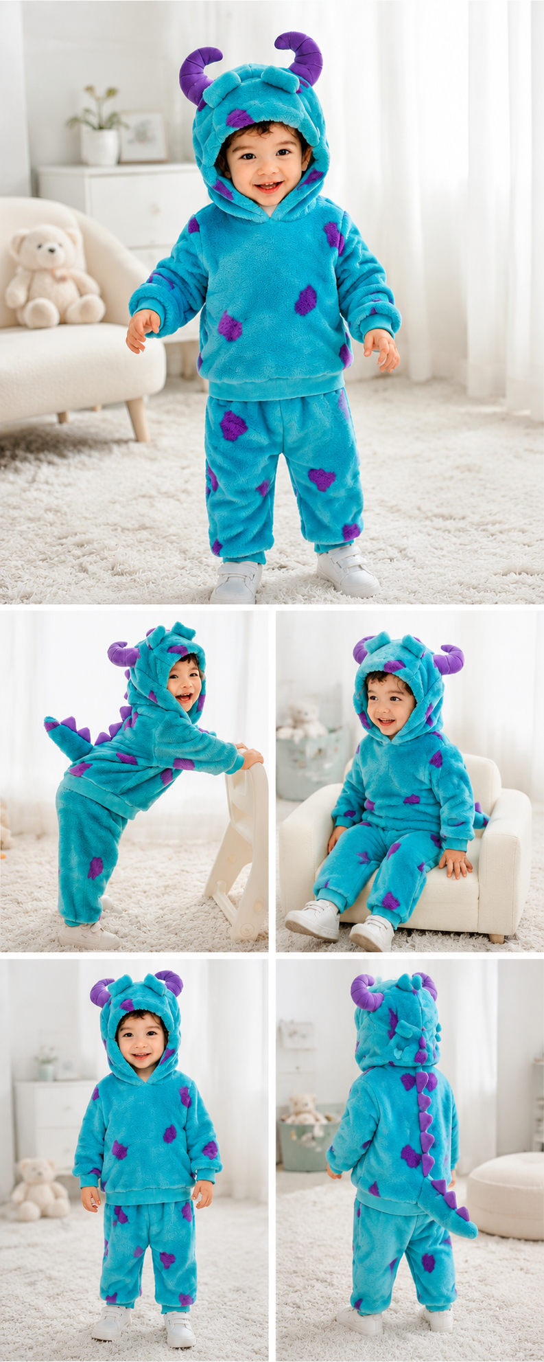 Friendly Monster Fleece Hoodie & Pants Set for Toddlers – Teal Spotted Plush Loungewear with 3D Horns, Spikes & Tail