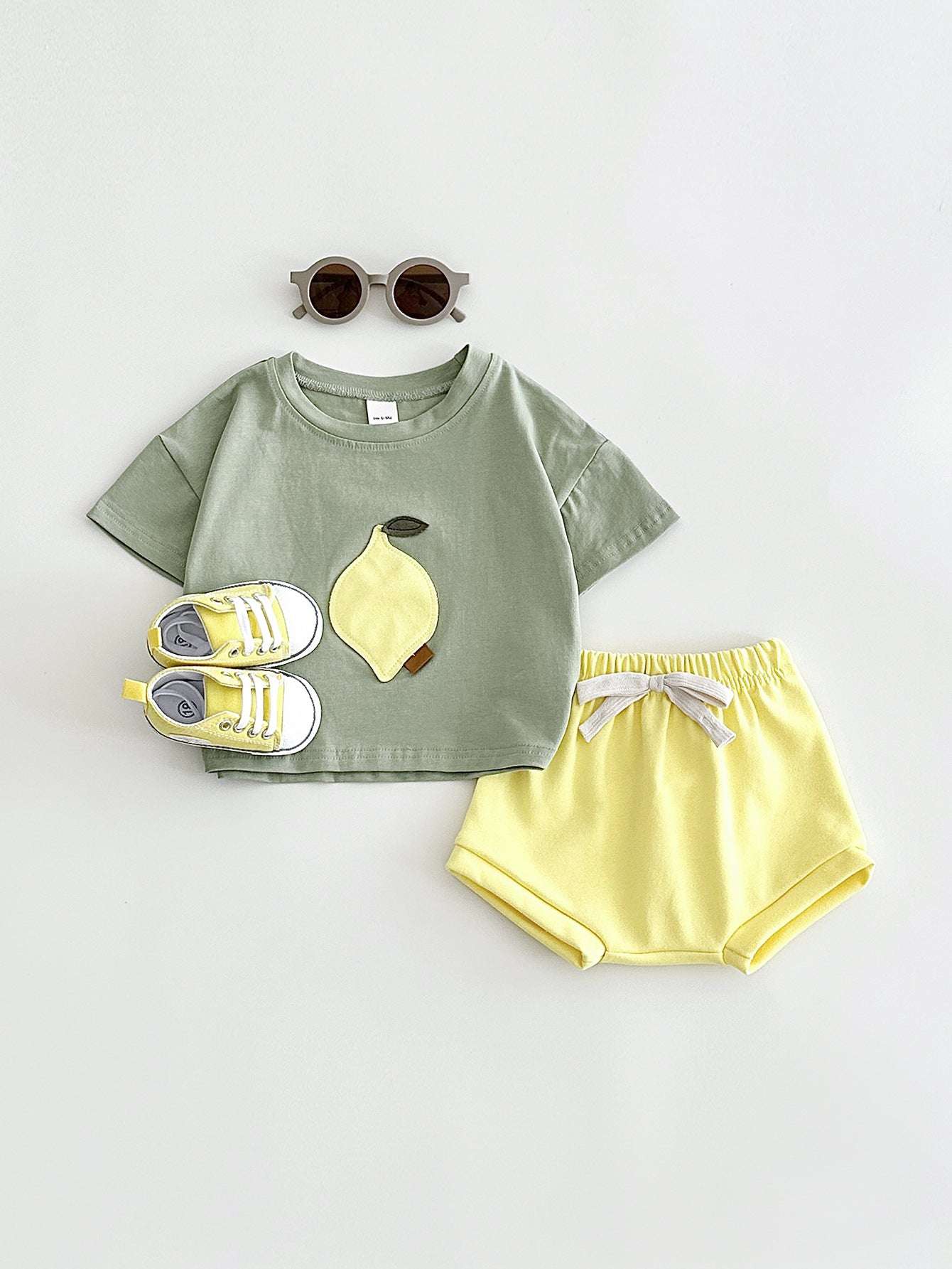 Baby & Toddler Fruit Appliqué Tee & Bloomer Shorts Set | Summer Cotton 2-Piece in Sage or Camel