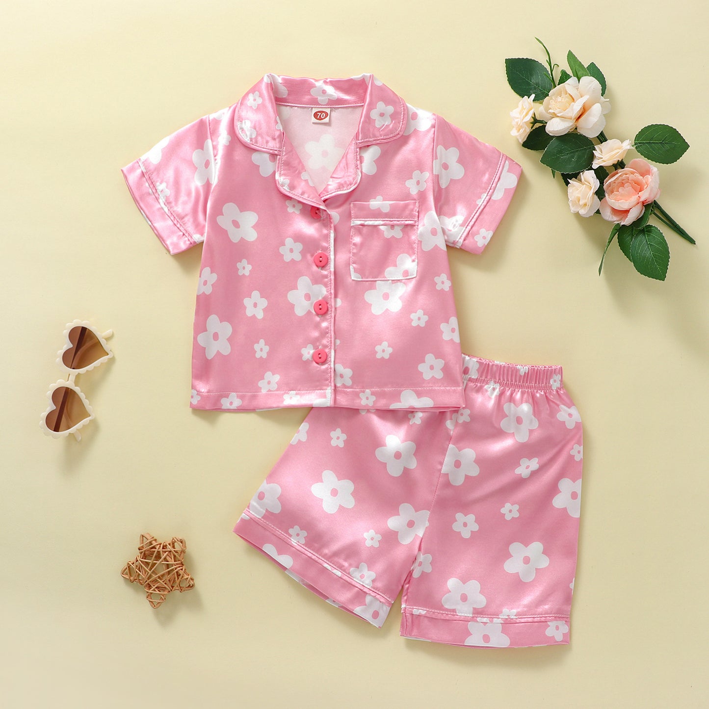 Toddler Girls' Satin Pajama Set – Floral Print Button-Front Short Sleeve Top & Shorts (12 Months–6 Years)