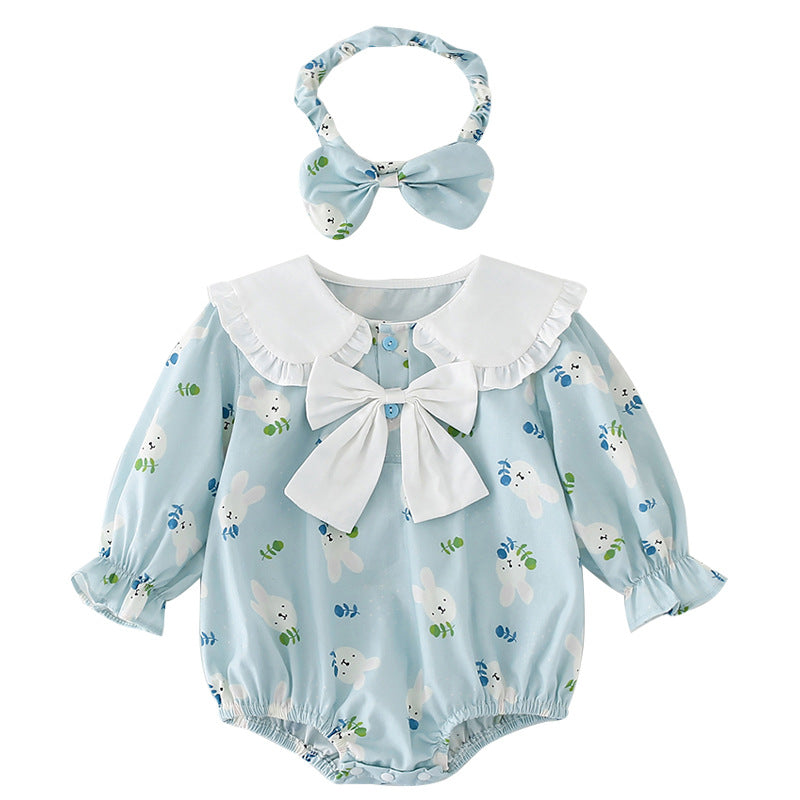 Blue Bunny Print Ruffle Collar Romper and Dress Set with Headband – Baby & Toddler Girl