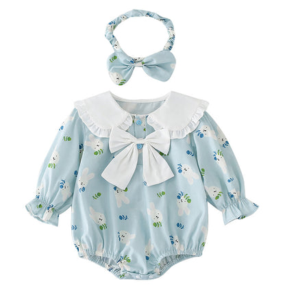 Blue Bunny Print Ruffle Collar Romper and Dress Set with Headband – Baby & Toddler Girl