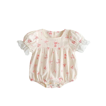Pink Floral Puff Sleeve Romper with Eyelet Lace Cuffs – Baby Girl Summer Bubble Suit