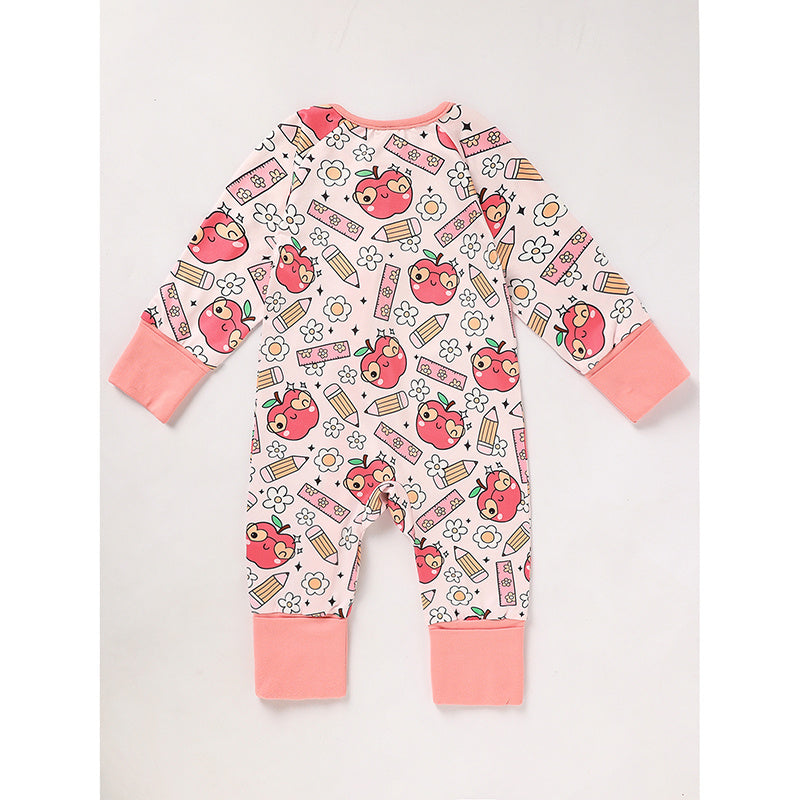 Adorable Infant Romper For Back To School Apple And Pencil Print Long Sleeve Jumpsuit Outfit