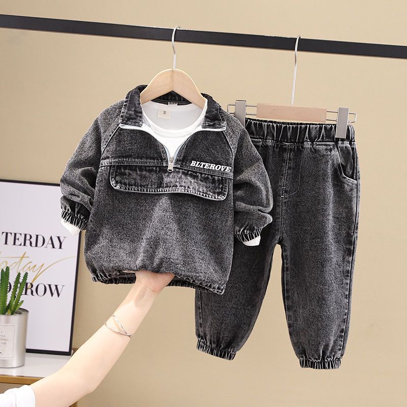 Boys Denim Two-Piece Outfit Set – Zip-Front Jacket & Jogger Pants