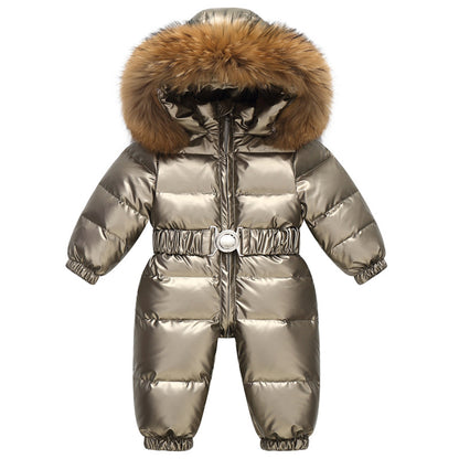 Girls’ Hooded Faux-Fur Snowsuit – Puffer-Style One-Piece Winter Jumpsuit with Belt