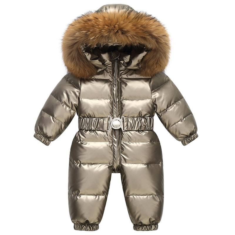 Girls’ Hooded Faux-Fur Snowsuit – Puffer-Style One-Piece Winter Jumpsuit with Belt