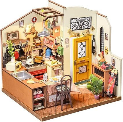 ROBOTIME Rolife Happy Kitchen Miniature Dollhouse Kit – DIY Wooden Room with LED Light (DG159)