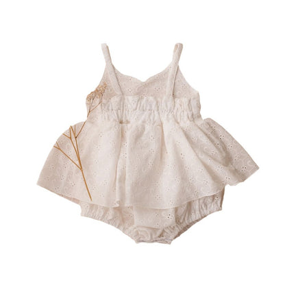 Ditsy Floral & Eyelet Dress-Romper for Baby Girls – Spaghetti Strap Summer Bubble Dress