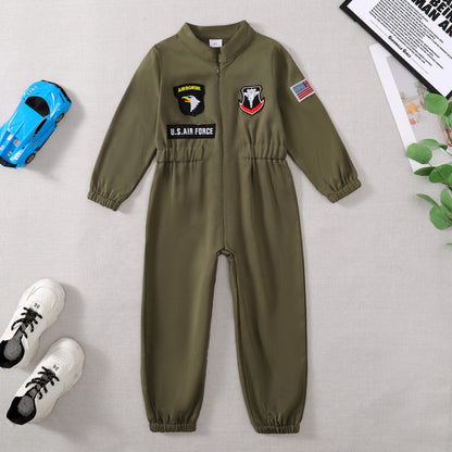 Toddler Boys’ Pilot Jumpsuit – Army Green Long Sleeve Romper (4-5 Years)