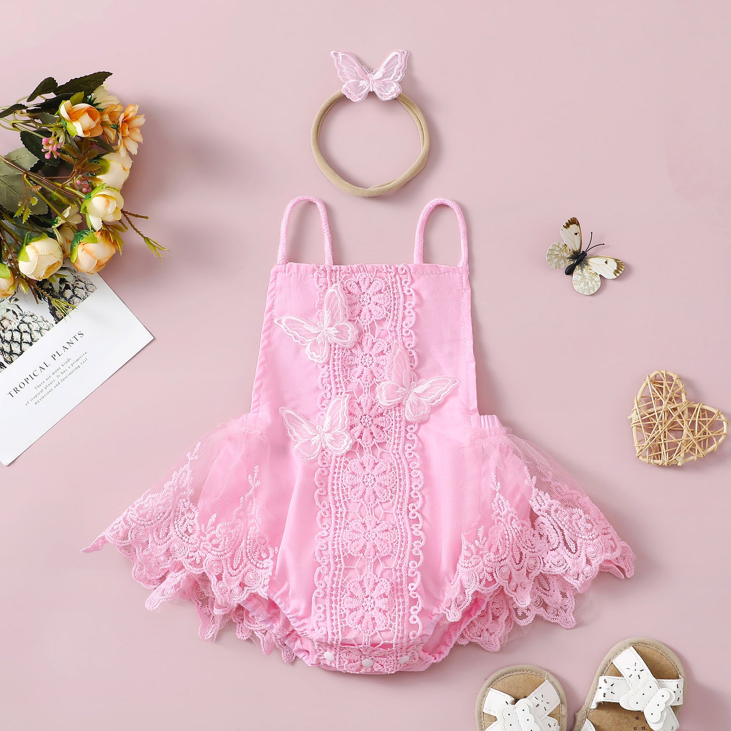 Baby Girl Butterfly Lace Romper Dress with Headband — Halter Neck Tutu Style