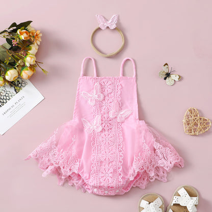 Baby Girl Butterfly Lace Romper Dress with Headband — Halter Neck Tutu Style