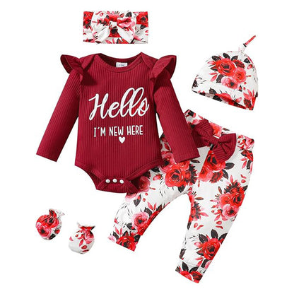 Newborn Baby Girl Outfit – “Hello I’m New Here” Romper Set with Floral Pants, Hat & Headband