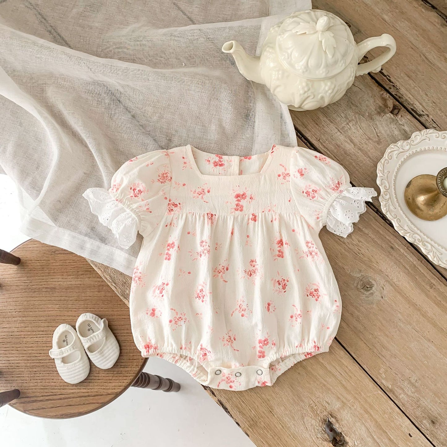 Pink Floral Puff Sleeve Romper with Eyelet Lace Cuffs – Baby Girl Summer Bubble Suit
