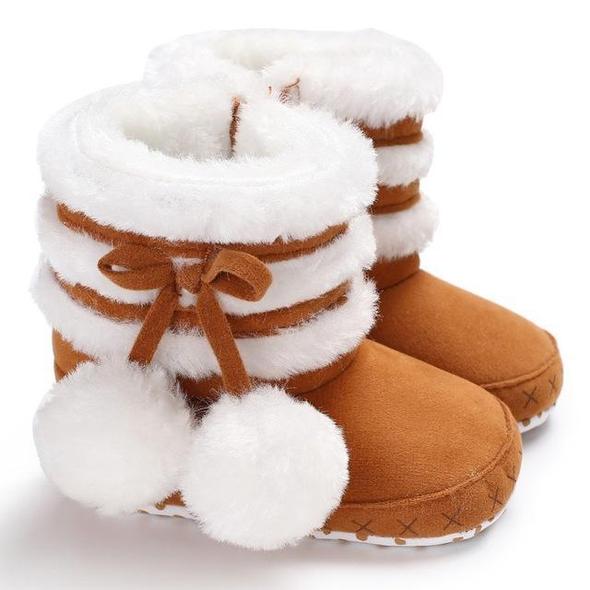 Pom Pom Faux Fur Baby Winter Booties with Anti-Slip Sole