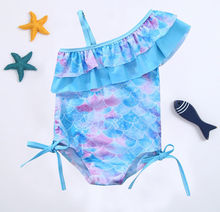 Girls' Mermaid Scale One-Shoulder Ruffle One-Piece Swimsuit