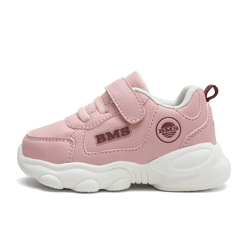 Chunky-Sole PU Leather Kids Sneakers with Velcro Strap | Casual Athletic Shoes in Caramel, Pink & Blue