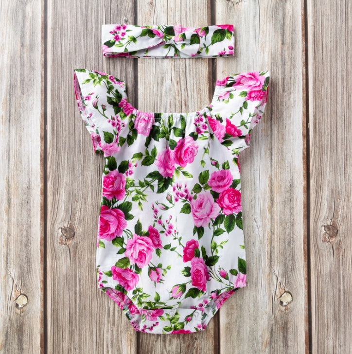 Floral Flutter Sleeve Baby Romper with Headband