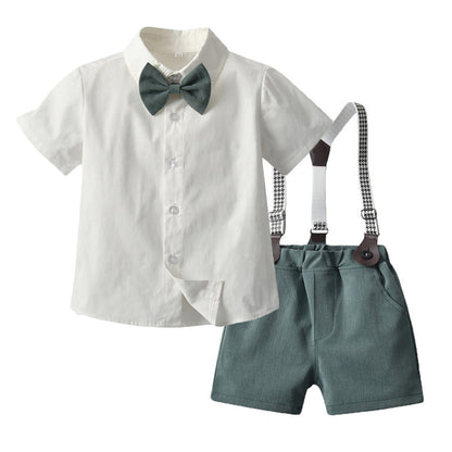 Toddler & Little Boys' White Shirt & Suspender Shorts Gentleman Set – Bow Tie & Houndstooth Braces, Sizes 3 Months–6 Years