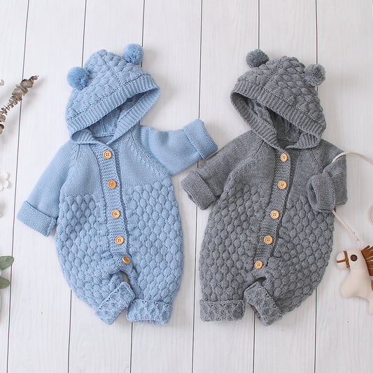 Baby Hooded Knitted Bear Romper – Cozy Button-Front Jumpsuit for Newborns & Toddlers