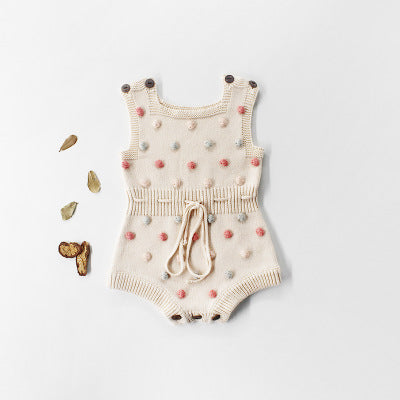Hand-Knit Pom Pom Baby Romper – Soft Cotton Sleeveless One-Piece for Infants