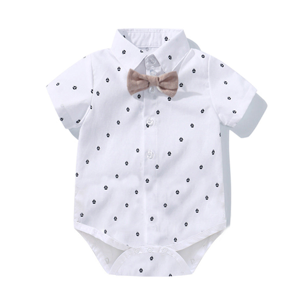 Baby Boy Sailboat Print Shirt Bodysuit & Suspender Shorts Gentleman Set with Newsboy Hat – Sizes Newborn–24 Months