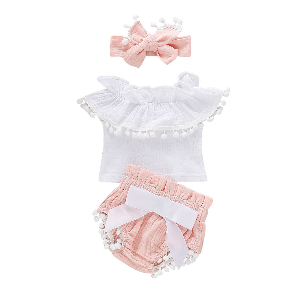 Baby Girl Pom-Pom Summer Outfit Set (Top, Bloomers & Headband)