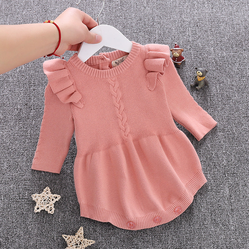 Ruffle Knit Baby Girl Romper – Soft Cotton One-Piece with Flutter Sleeves
