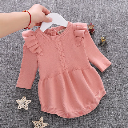Ruffle Knit Baby Girl Romper – Soft Cotton One-Piece with Flutter Sleeves