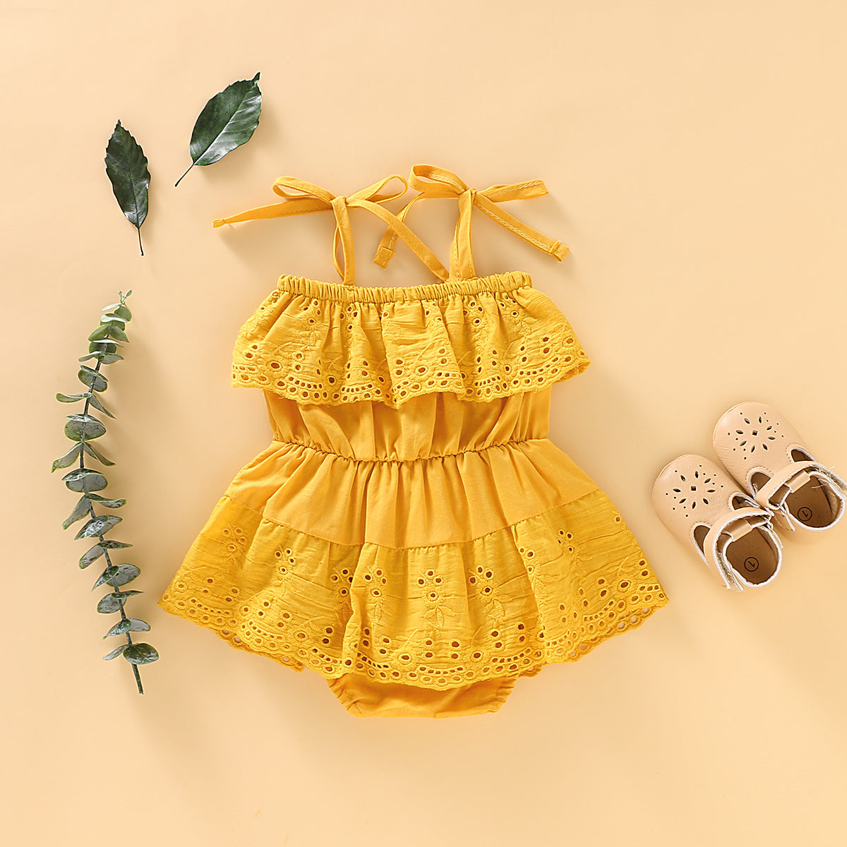 Baby Girl Eyelet Lace Tie-Strap Romper Dress (Yellow or White)