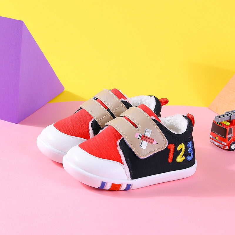 "1-2-3" Color-Block Fleece-Lined Baby Sneakers | Warm Velcro Shoes for Fall & Winter