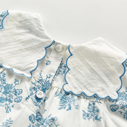 Blue & White Toile Floral Romper with Scallop Collar – Baby Girl