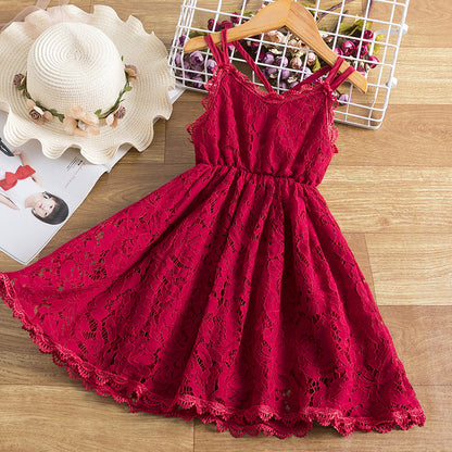 Girls' All-Over Lace Spaghetti Strap Dress – Floral Cutout, Full Skirt, Sizes 3–8