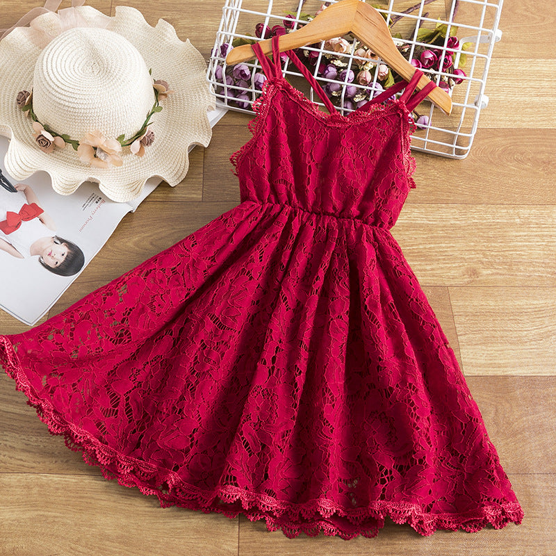 Girls' All-Over Lace Spaghetti Strap Dress – Floral Cutout, Full Skirt, Sizes 3–8