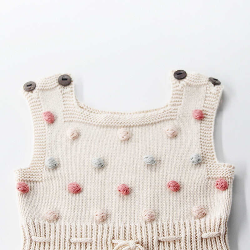 Hand-Knit Pom Pom Baby Romper – Soft Cotton Sleeveless One-Piece for Infants