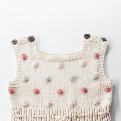 Hand-Knit Pom Pom Baby Romper – Soft Cotton Sleeveless One-Piece for Infants