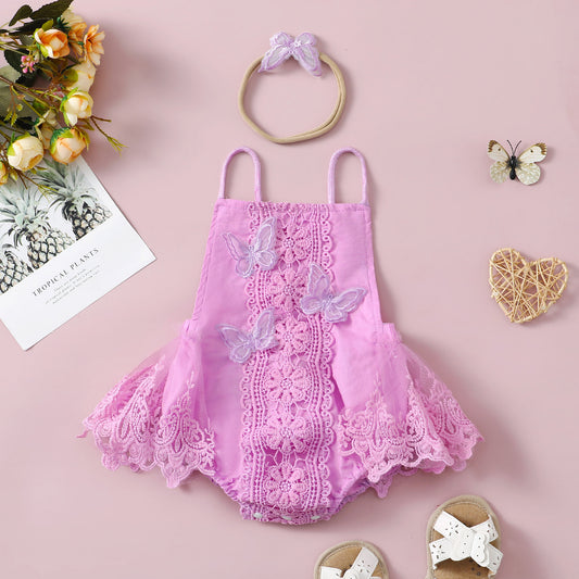 Baby Girl Butterfly Lace Romper Dress with Headband — Halter Neck Tutu Style