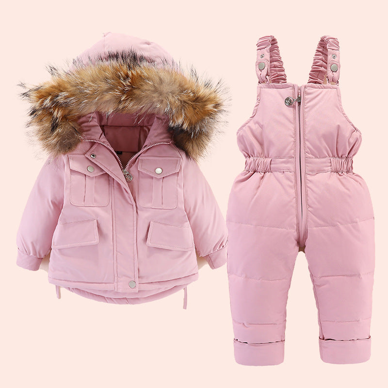 Baby Winter Puffer Jacket + Bib Pants Set (Unisex) — Fur-Trim Hood, 2-Piece Outfit