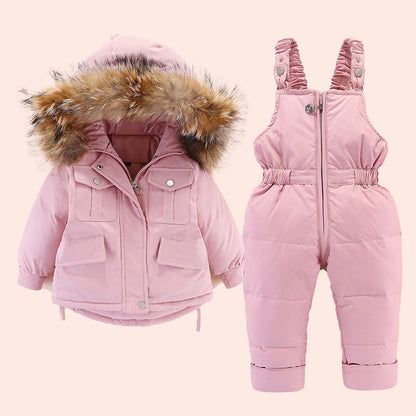 Baby Winter Puffer Jacket + Bib Pants Set (Unisex) — Fur-Trim Hood, 2-Piece Outfit