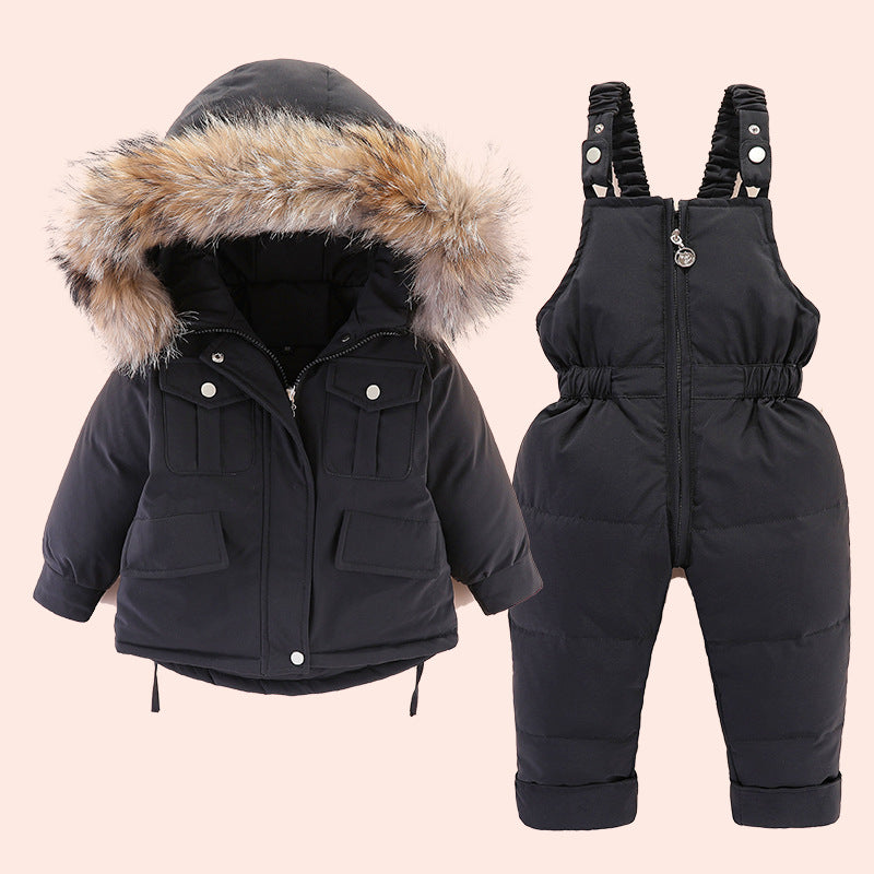 Baby Winter Puffer Jacket + Bib Pants Set (Unisex) — Fur-Trim Hood, 2-Piece Outfit