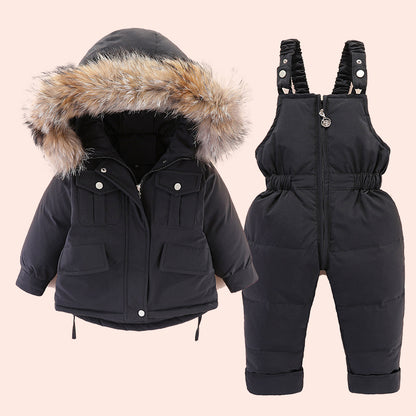 Baby Winter Puffer Jacket + Bib Pants Set (Unisex) — Fur-Trim Hood, 2-Piece Outfit