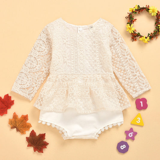 Lace Baby Girl Romper Dress with Flutter Sleeves – Soft Cotton Outfit (0–24 Months)