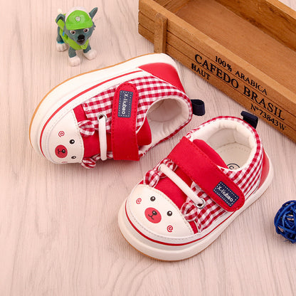 Plaid Canvas Baby Sneakers with Bear Face Toe Cap | Soft-Sole Pre-Walker in Blue, Red & Navy