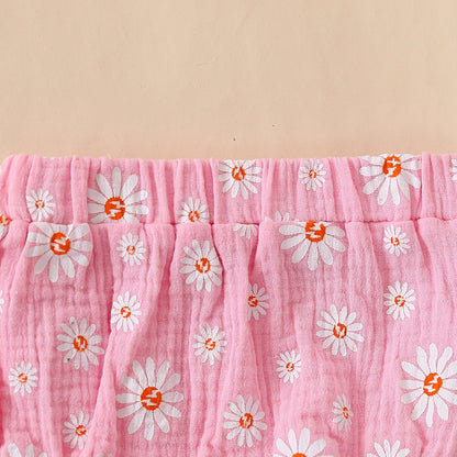 Baby Girl Daisy Print Muslin Two-Piece Set – Peter Pan Collar Top & Bloomer Shorts (6 Months–3 Years)
