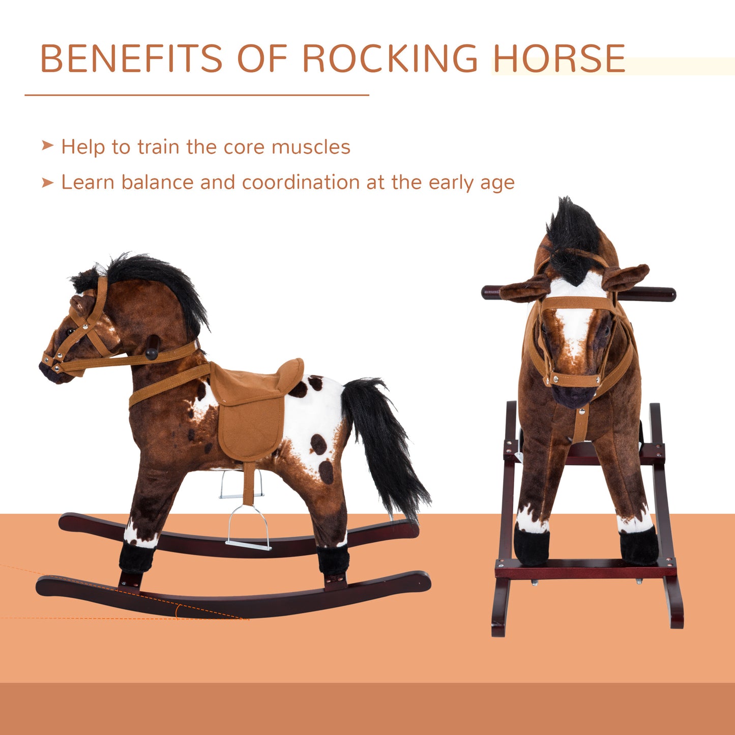 Rocking Horse Plush Ride-On Toy with Nursery Rhyme Music – 18-36 Months, Light Brown/White