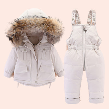 Baby Winter Puffer Jacket + Bib Pants Set (Unisex) — Fur-Trim Hood, 2-Piece Outfit